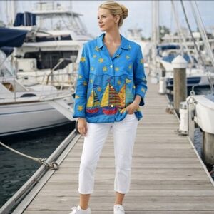 Vtg 90s QUACKER FACTORY TURQUOISE Coastal Nautical Sailboats boxy blazer sz M